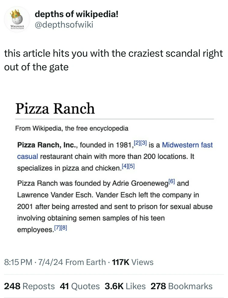 document - T Wikipedia depths of wikipedia! this article hits you with the craziest scandal right out of the gate Pizza Ranch From Wikipedia, the free encyclopedia Pizza Ranch, Inc., founded in 1981, 2 3 is a Midwestern fast casual restaurant chain with m